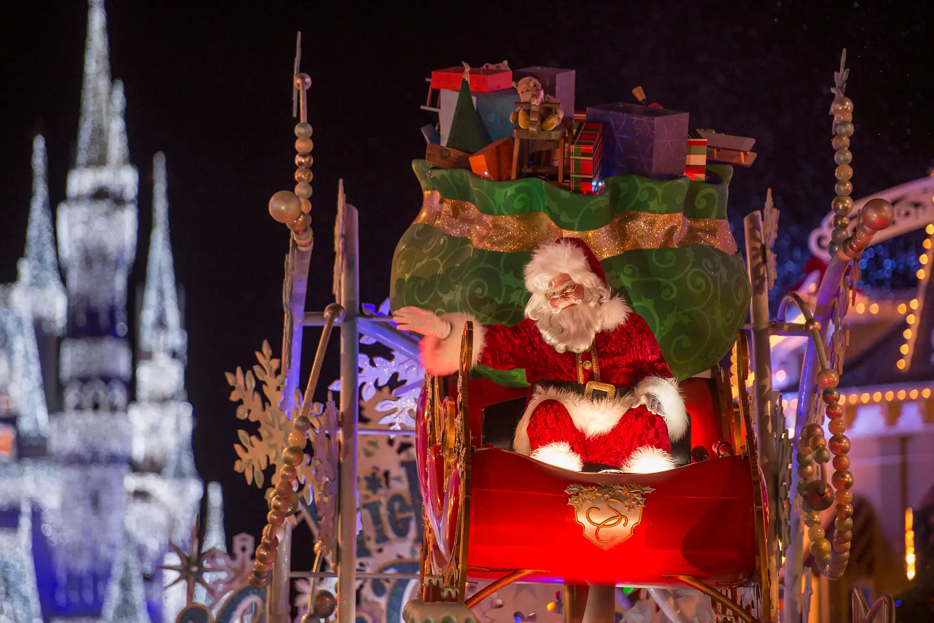 Santa in Holiday Parade at Mickey's Very Merry Christmas Party in Disney World; Courtesy of Disney